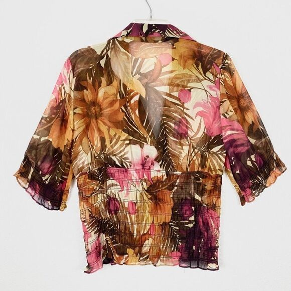 Cache Orange & Pink Floral Smocked Button Up Blouse - Picture 5 of 6